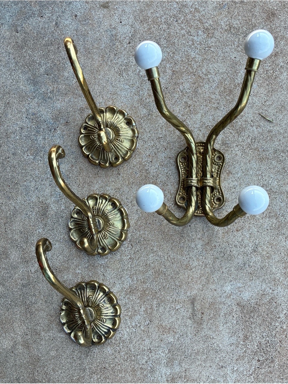 Lot of 4 vintage wall hooks. Quad hook with porcelain knobs. Hollywood regency